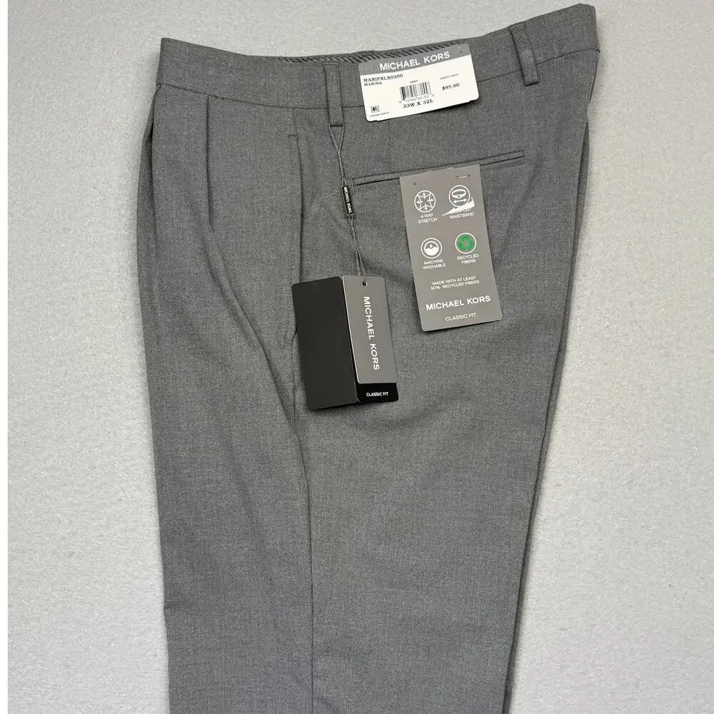 Michael Kors Men's Pleated Solid Classic Fit Pants Gray 33x32 $95